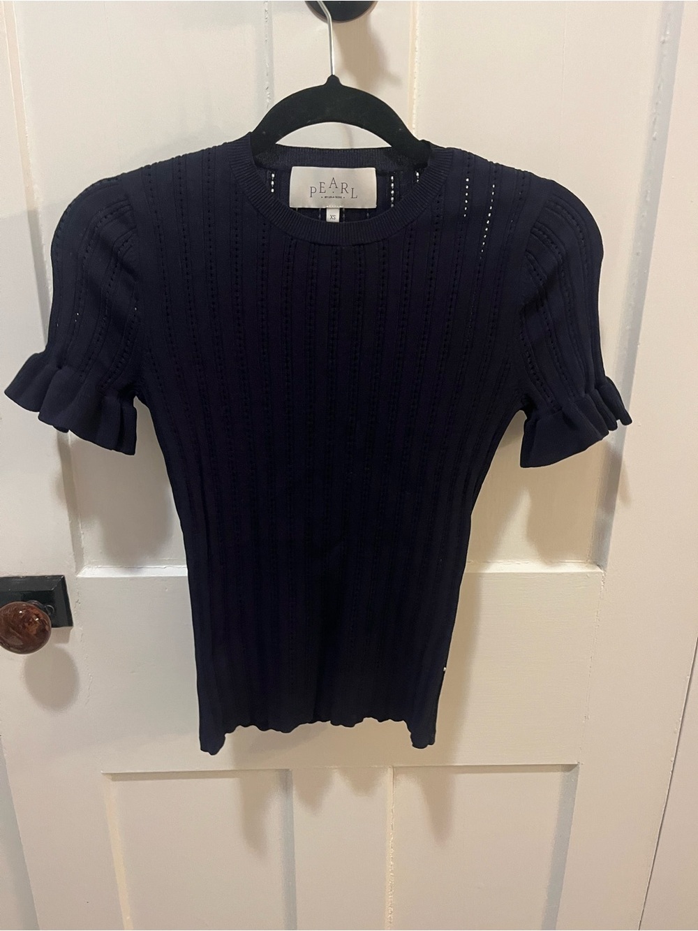 Pearl by LELA ROSE Short Sleeve Pointelle Knit Top Perforated Blue Size XS